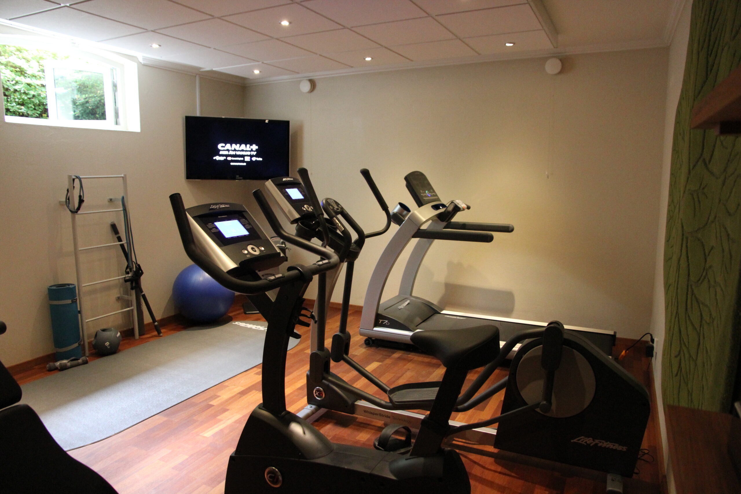 Hotellets gym med cykel, cross trainer, löpband och fria vikter. Finns även pilatesboll och yogamatta samt en storbildstv