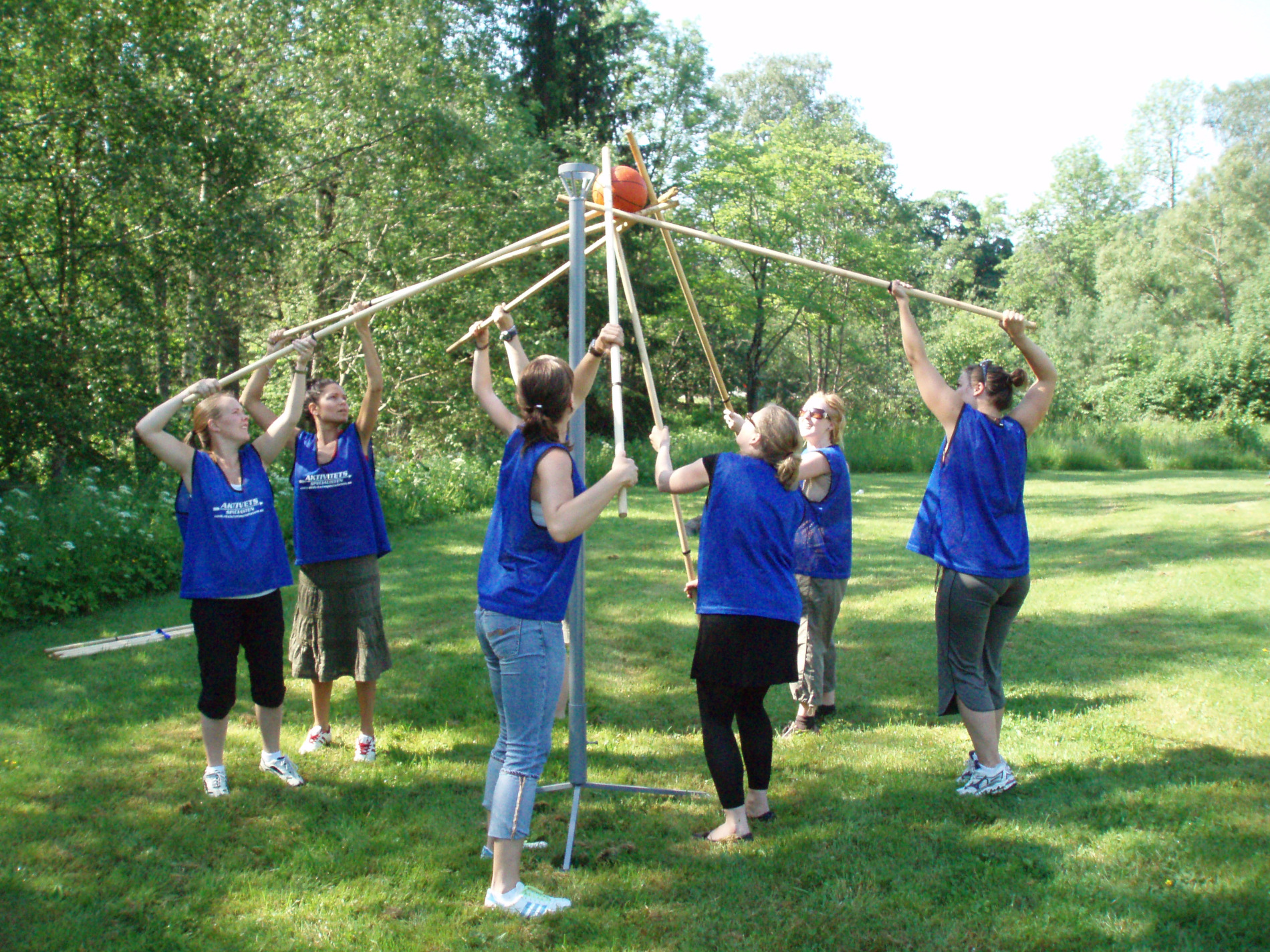 Ett gäng deltagare i den team stärkande konferensaktiviteten basketbollen på Hestravikens gräsmatta i Småland
