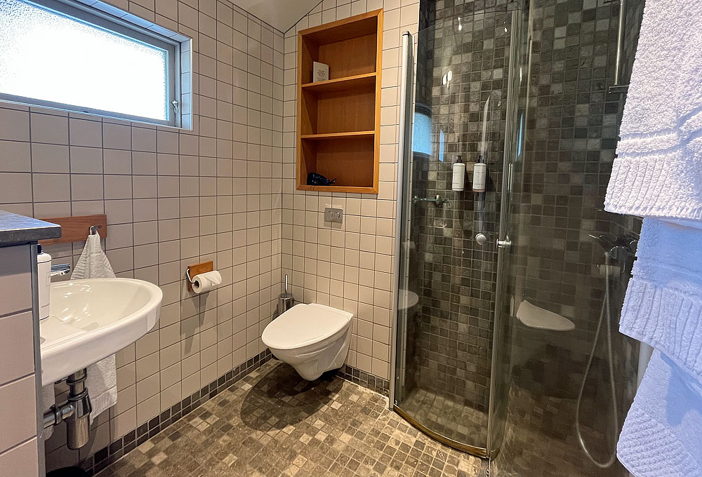 Handfat, toalett och dusch i badrummet dubbelrum villa 3 på Hestraviken Hotell och spa vid Isaberg i Småland