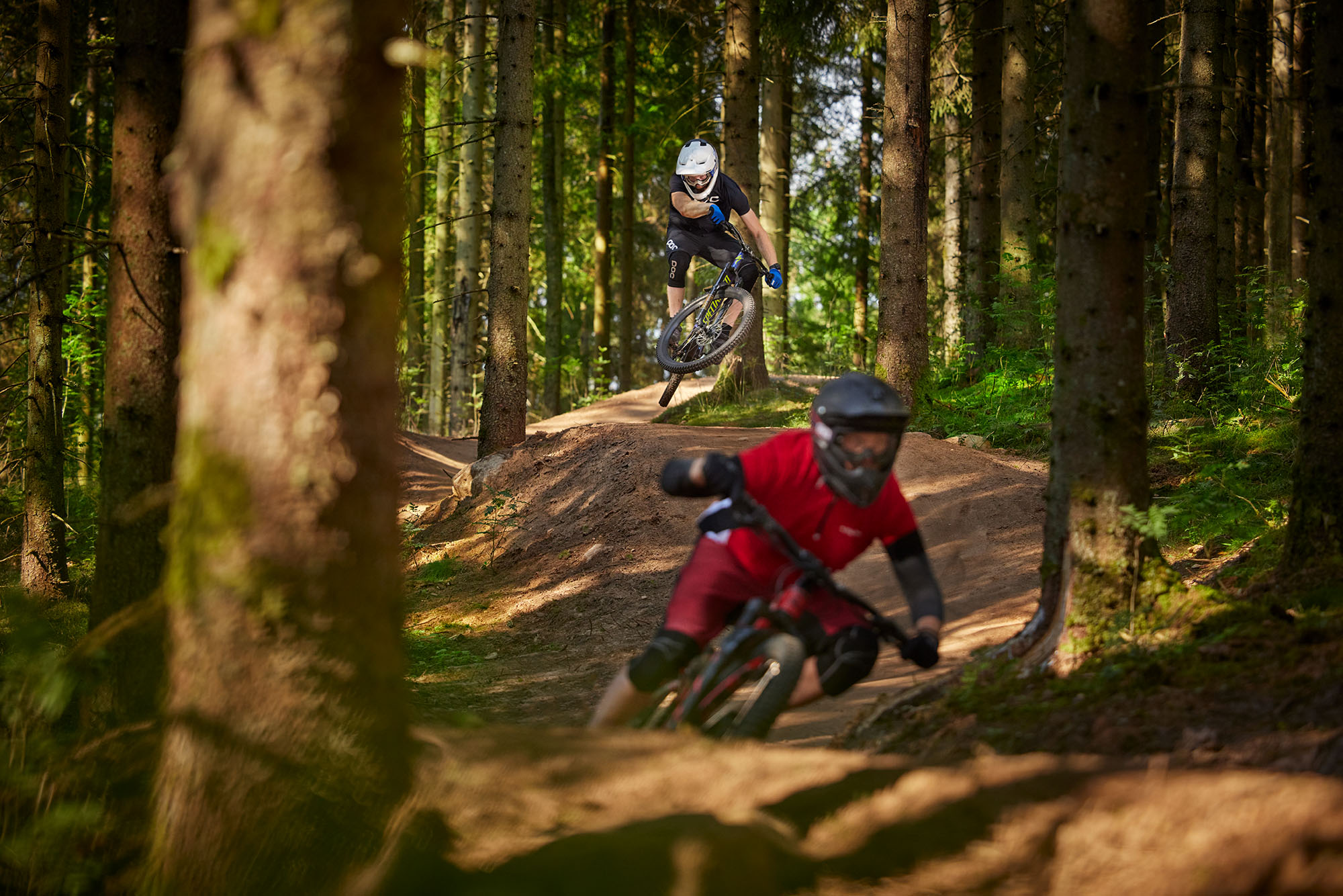 Två downhill cyklister i preparerad bana på Isaberg med skogen tätt intill