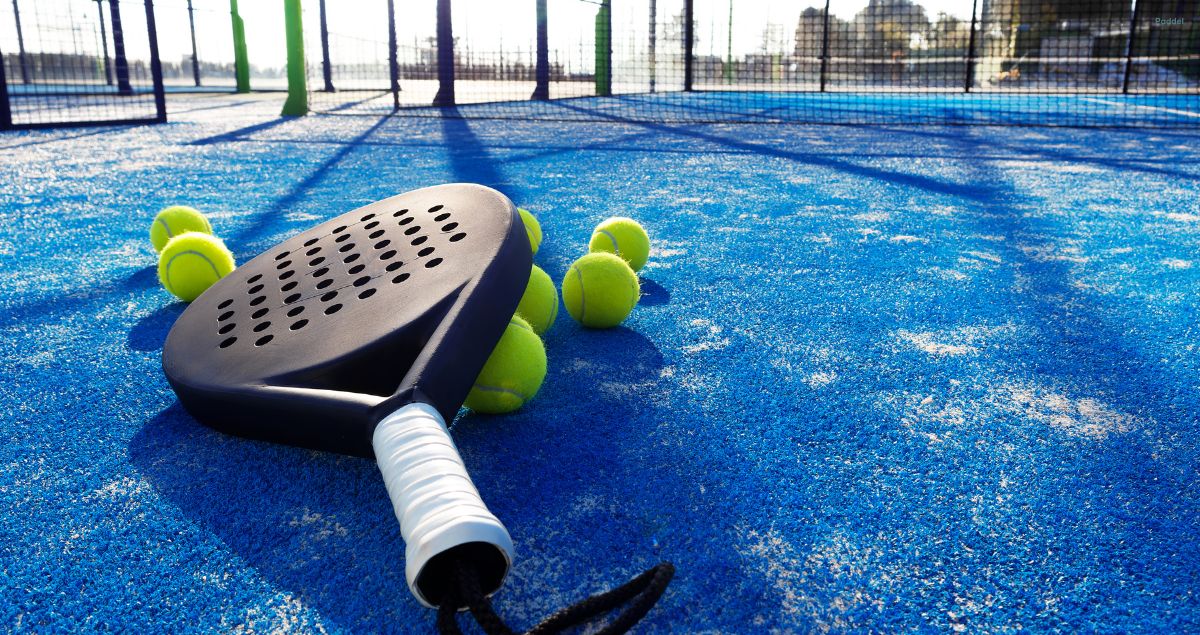 Paddel rack och bollar liggandes på utomhus paddel bana i närheten av Hestraviken