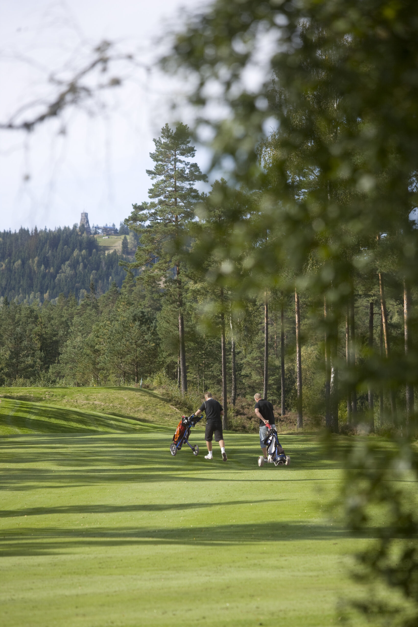 Två herrar med golfbag gåendes mot green på en av Isabergs golfbanas Östra och Västra banan med utsikt över Isaberg